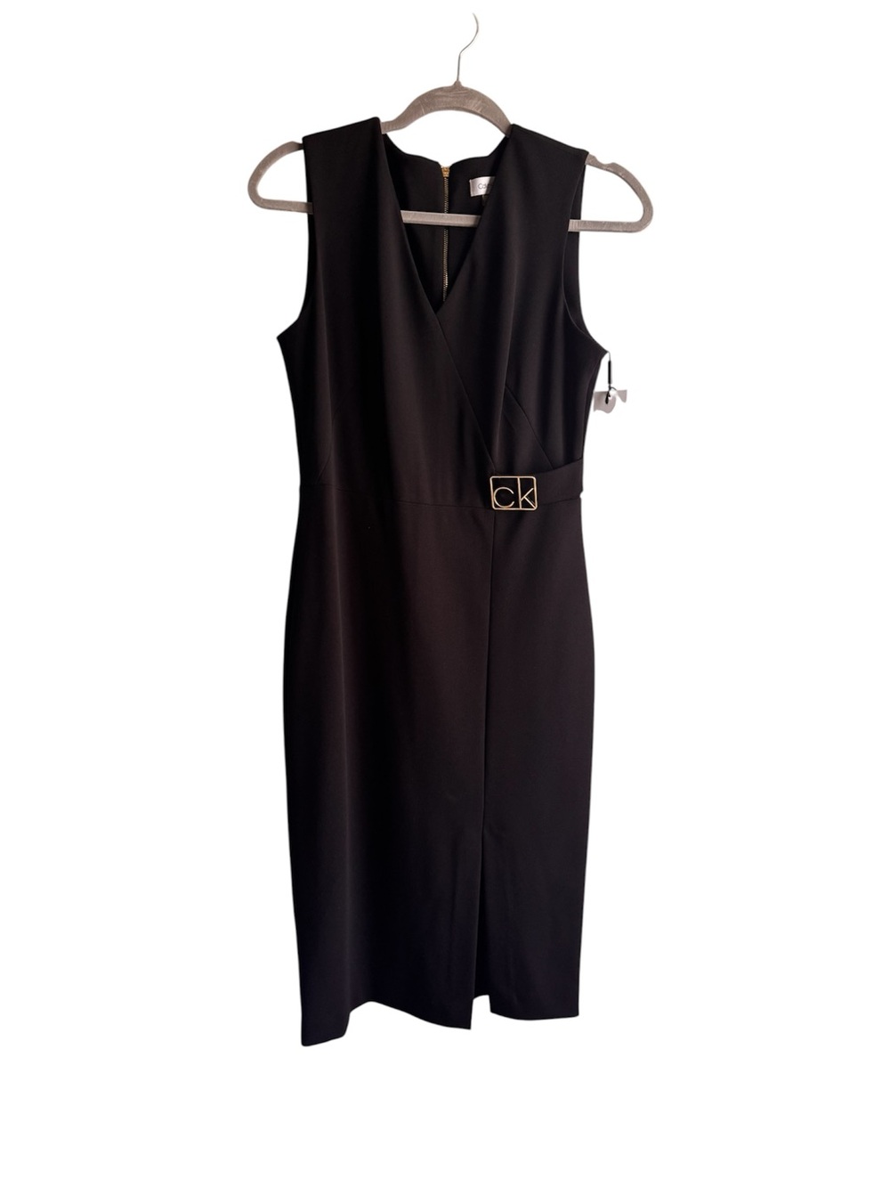 Calvin Klein Black Sleeveless V-Neck Sheath Dress with CK Logo Belt